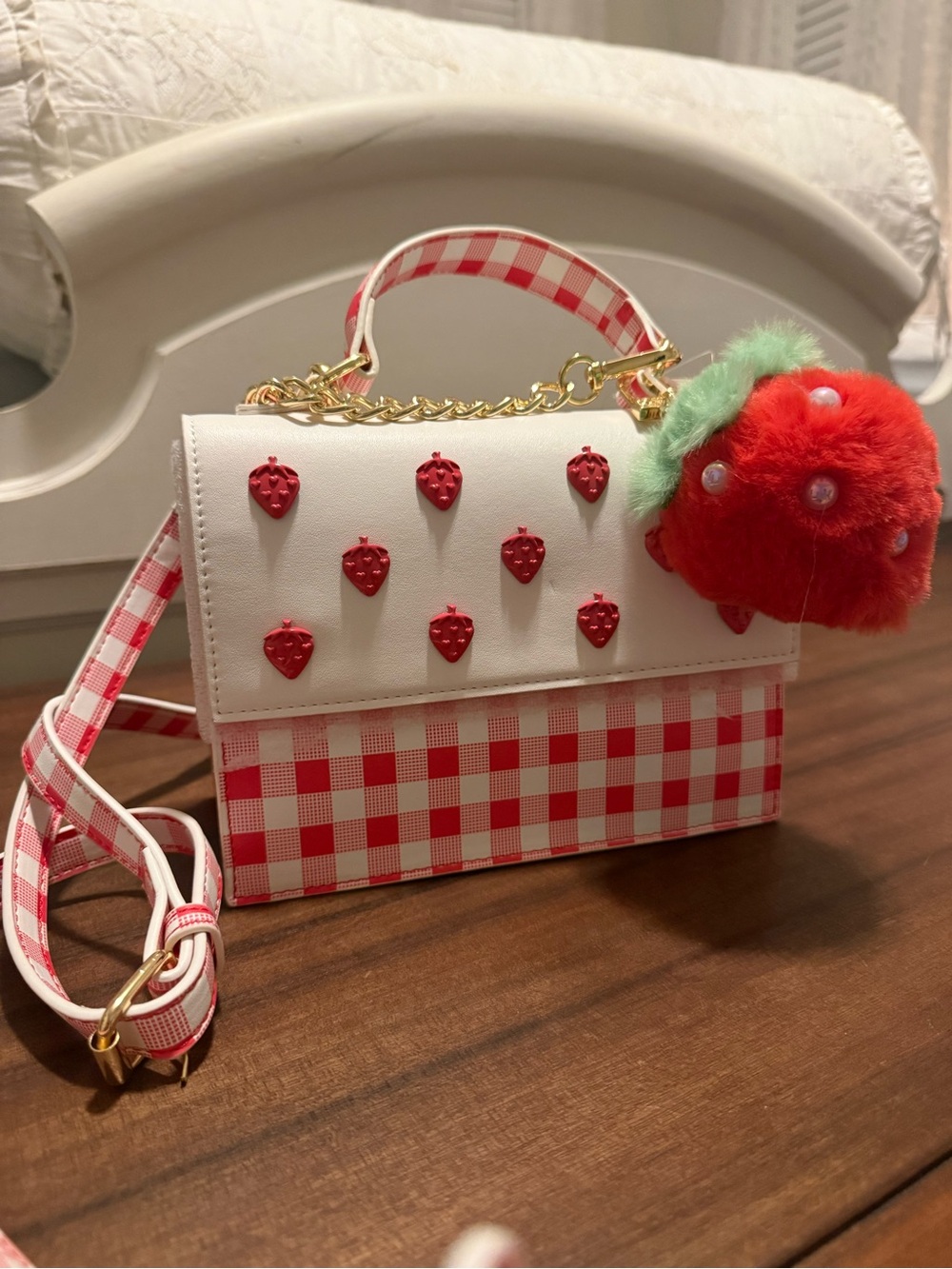 Betsey Johnson White and Red Gingham Strawberry Crossbody Bag with Pom